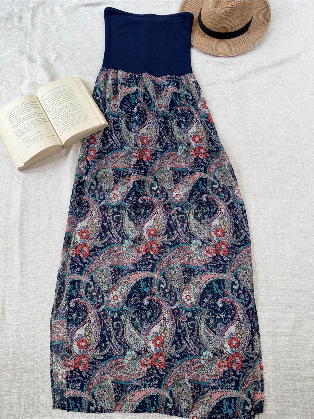 Love Ady Strapless Maxi Dress with Navy Bodice and Paisley Skirt